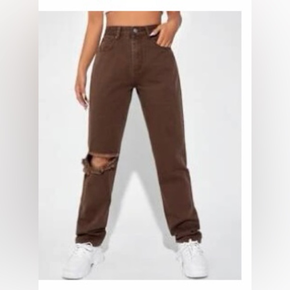 High Waist Slant Pocket Ripped Straight Jeans
